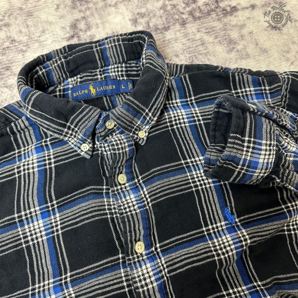Polo Ralph Lauren Men's Double Faced Flannel Shirt Large Black Blue Plaid